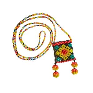 NWT - Colorful Handmade Beaded Necklace with Floral Medicine Pouch